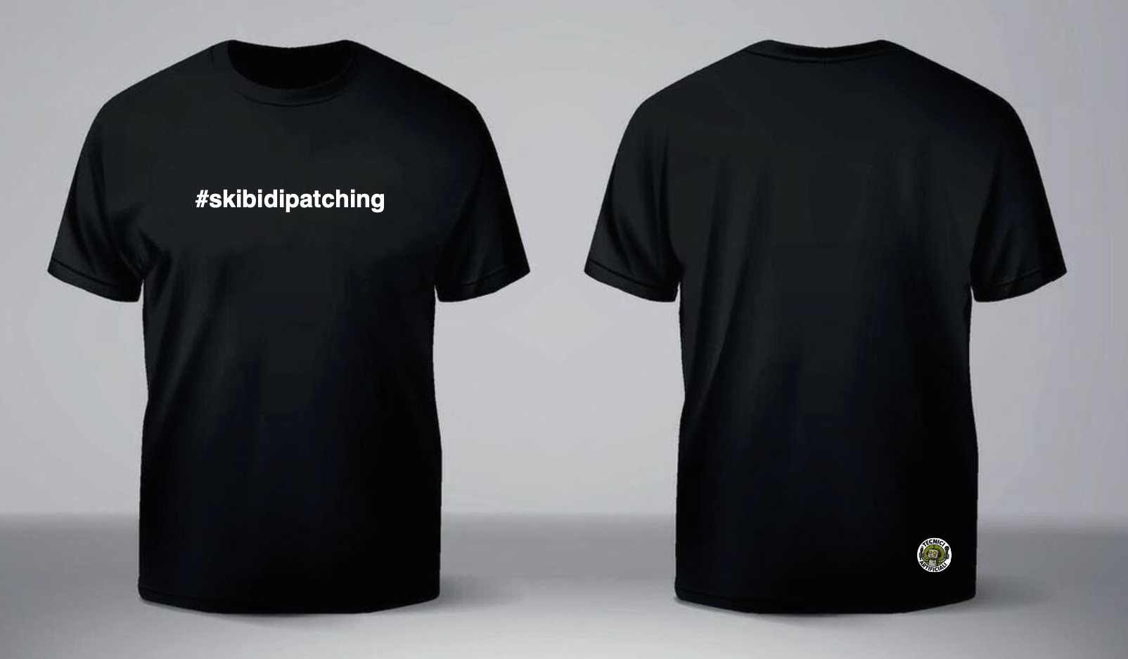 Black t-shirt with '#sklididipatching' text on front, brand logo on back, on gray background, #skibidipatching skibidipatching tecnici artificiali tecniciartificiali